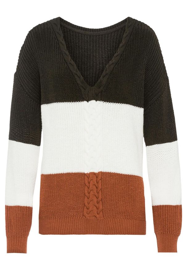 Sweter z głębokim dekoltem z tyłu bonprix biel wełny - oliwkowo-brązowy. Kolor: biały. Materiał: materiał, wełna, akryl