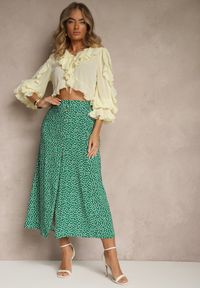 Renee - Zielona Spódnica Rozkloszowana High Waist Ozdobiona Kropkami i Guzikami Meronira. Okazja: na co dzień, na spacer. Stan: podwyższony. Kolor: zielony. Wzór: aplikacja, kropki. Styl: klasyczny, elegancki, casual