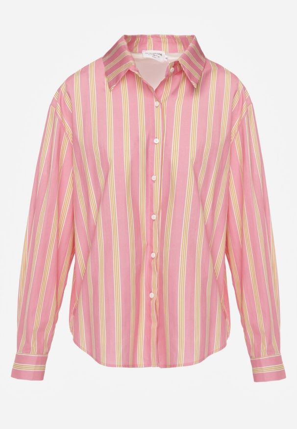 Renee - Różowa Koszula z Bawełny Oversize w Pionowe Paski Telaria. Kolor: różowy. Materiał: bawełna. Wzór: paski