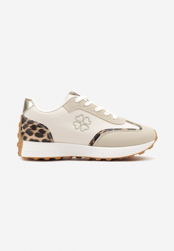 Born2be - Beżowe Sneakersy Zdobione Haftem i Panterkowymi Wstawkami Alinalla. Okazja: na spacer, na co dzień. Kolor: beżowy. Materiał: jeans. Szerokość cholewki: normalna. Wzór: aplikacja, haft. Obcas: na płaskiej podeszwie. Sport: turystyka piesza