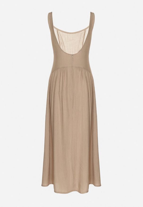 Born2be - Ciemnobeżowa Wiskozowa Sukienka o Rozkloszowanym Kroju Milareina. Okazja: na co dzień. Kolor: beżowy. Materiał: wiskoza. Długość rękawa: długi rękaw. Wzór: aplikacja. Typ sukienki: rozkloszowane. Styl: elegancki, casual