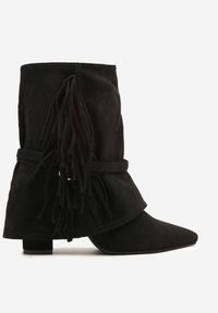 Renee - Czarne Botki Boho z Cholewką Imitującą Nogawkę i Frędzlami Zaslie. Okazja: na imprezę, na co dzień. Kolor: czarny. Materiał: jeans, skóra. Szerokość cholewki: normalna. Obcas: na obcasie. Styl: boho. Wysokość obcasa: średni #5