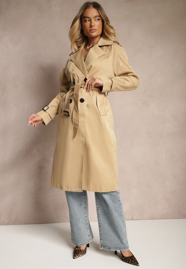 Renee - Ciemnobeżowy Długi Płaszcz Trencz Dwurzędowy z Paskiem w Komplecie Sabila. Kolor: brązowy. Materiał: jeans. Długość rękawa: długi rękaw. Długość: długie. Styl: klasyczny, elegancki, wizytowy