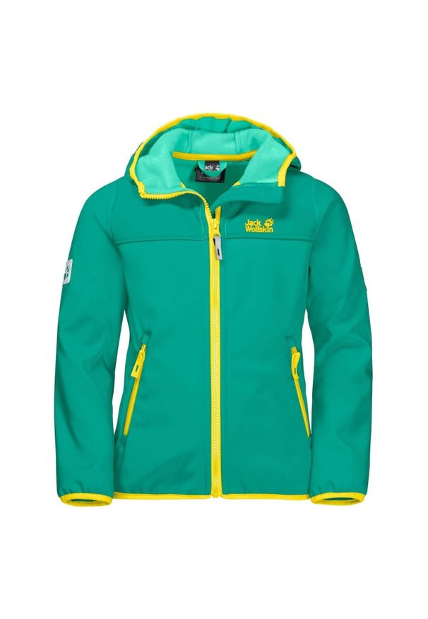 Kurtka turystyczna dla dzieci Jack Wolfskin Fourwinds softshell. Kolor: zielony. Materiał: poliester, elastan
