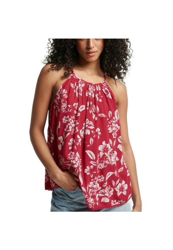 Superdry - Bluzka sportowa damska SuperDry Vintage Beach Cami Top. Kolor: czerwony. Materiał: wiskoza. Długość rękawa: bez rękawów. Sezon: lato. Styl: sportowy, vintage