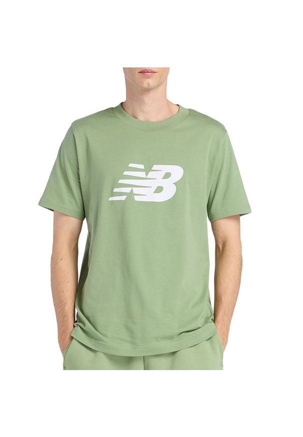Koszulka męska New Balance MT43906AAR - zielona. Kolor: zielony. Materiał: bawełna. Długość rękawa: krótki rękaw. Długość: krótkie