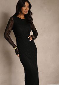 Renee - Czarna Koronkowa Sukienka Typu Longsleeve o Dopasowanym Kroju Zenoresa. Kolor: czarny. Materiał: koronka. Długość rękawa: długi rękaw. Typ sukienki: oversize. Styl: elegancki #5