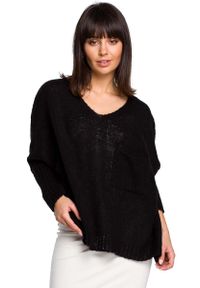 MOE - Czarny Asymetryczny Oversizowy Sweter z Kieszonką. Kolor: czarny. Materiał: wełna, poliester #1