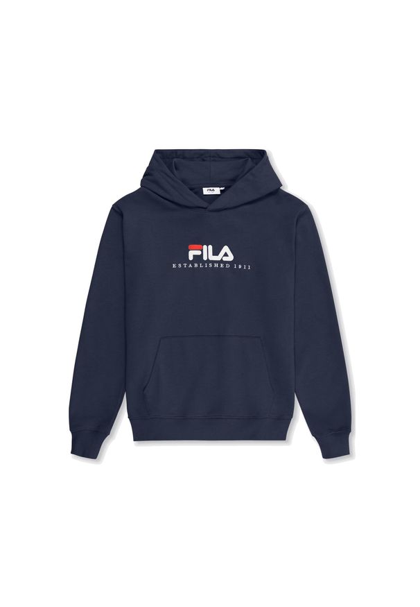 Bluza z kapturem męska do biegania Fila Valsera regular logo granatowa. Typ kołnierza: kaptur. Kolor: niebieski