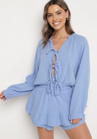 Born2be - Niebieski Wiązany Bawełniany Kombinezon Boho z Falbankami i Wiązaniem Lalelia. Kolor: niebieski. Materiał: bawełna. Sezon: lato. Styl: boho