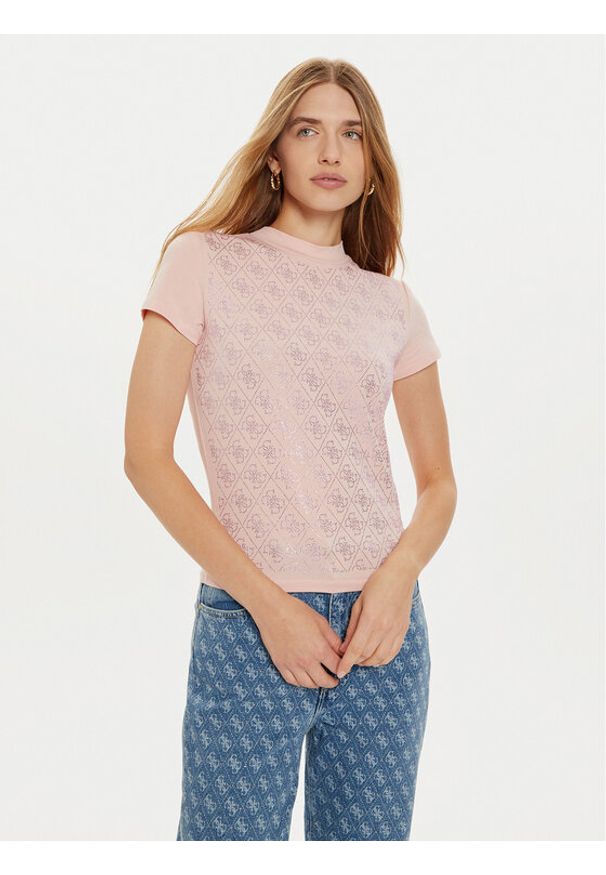 Guess T-Shirt W4BI26 J1314 Różowy Slim Fit. Kolor: różowy. Materiał: bawełna