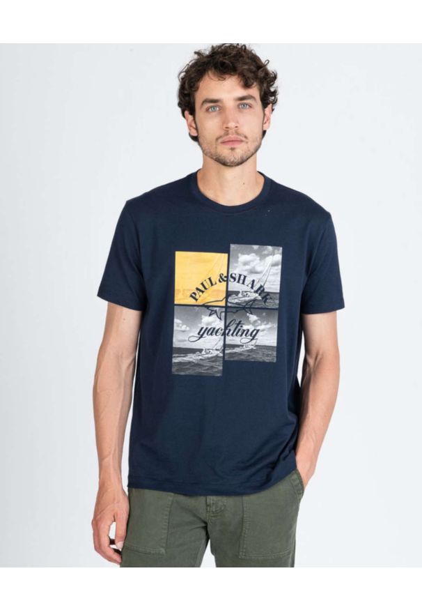 PAUL & SHARK - Granatowy t-shirt z bawełny organicznej. Kolor: niebieski. Materiał: bawełna. Długość rękawa: krótki rękaw. Wzór: aplikacja, nadruk