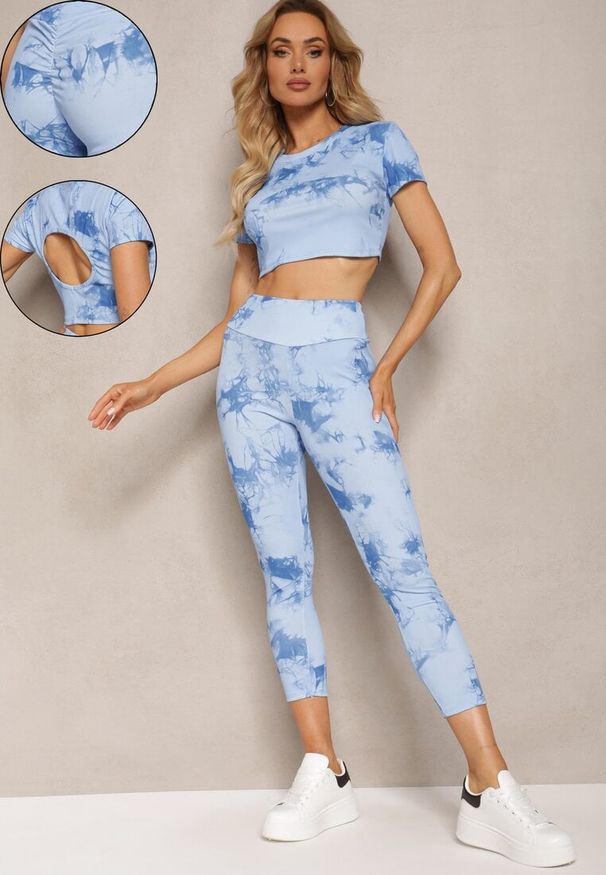 Renee - Niebieski Komplet Sportowy z Printem Tie-Dye z Koszulką Cropped i Legginsami Davenia. Kolor: niebieski. Materiał: jeans. Wzór: nadruk
