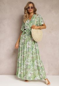 Renee - Jasnozielona Rozkloszowana Sukienka Maxi z Gumką w Pasie Aishe. Kolor: zielony. Materiał: wiskoza, materiał, tkanina. Wzór: kwiaty. Styl: wakacyjny. Długość: maxi #1