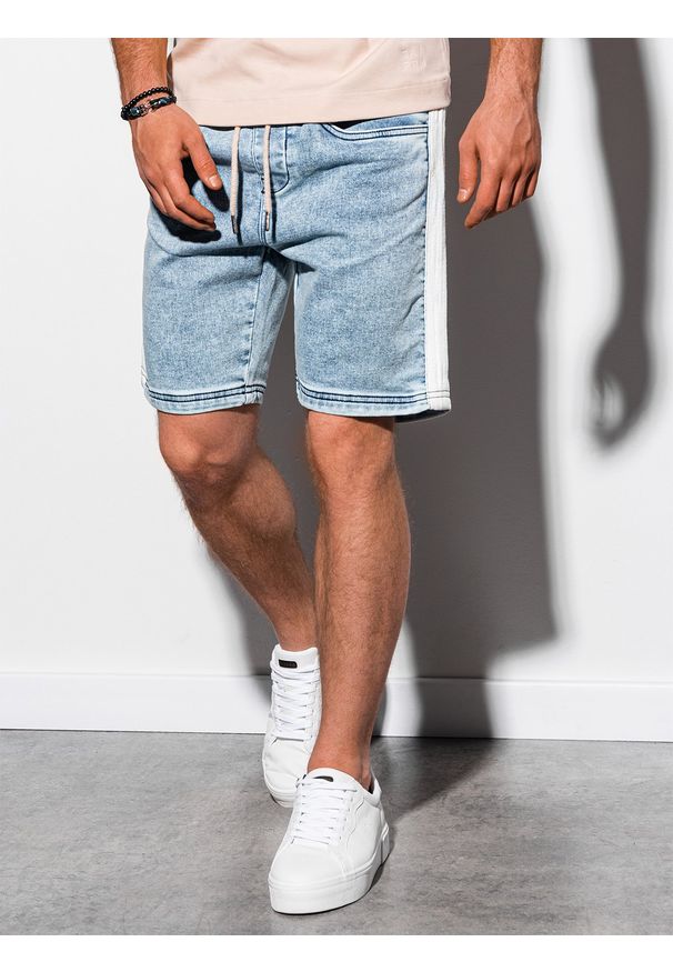 Ombre Clothing - Krótkie spodenki męskie jeansowe W221 - jasny jeans - XXL. Okazja: na co dzień. Materiał: jeans. Długość: krótkie. Wzór: kolorowy. Sezon: lato. Styl: casual, klasyczny