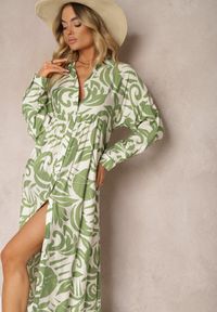 Renee - Zielona Rozkloszowana Sukienka w Kroju Szmizjerki z Zapięciem na Guziki i Falbanką Kelloena. Kolor: zielony. Materiał: tkanina. Sezon: lato. Typ sukienki: szmizjerki #3