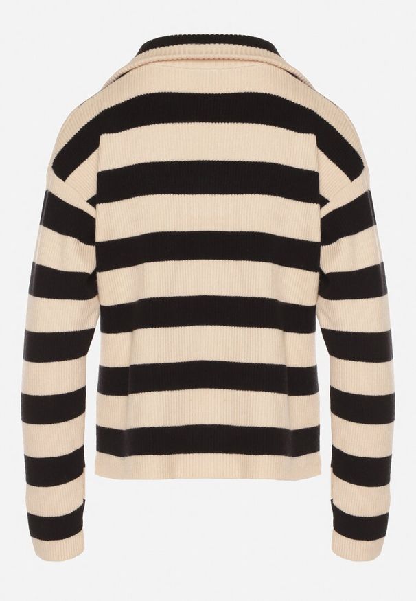 Born2be - Czarno-Beżowy Sweter w Paski Ozdobiony Suwakiem Amerra. Okazja: do pracy, na co dzień, na spotkanie biznesowe. Kolor: czarny. Materiał: jeans. Wzór: paski, aplikacja. Styl: casual, biznesowy