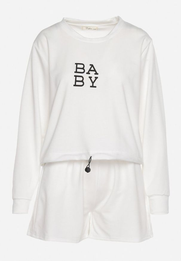 Born2be - Biały 2-Częściowy Komplet Dresowy Bluza z Nadrukiem i Luźne Szorty z Kieszeniami Ridana. Kolor: biały. Materiał: dresówka. Wzór: nadruk