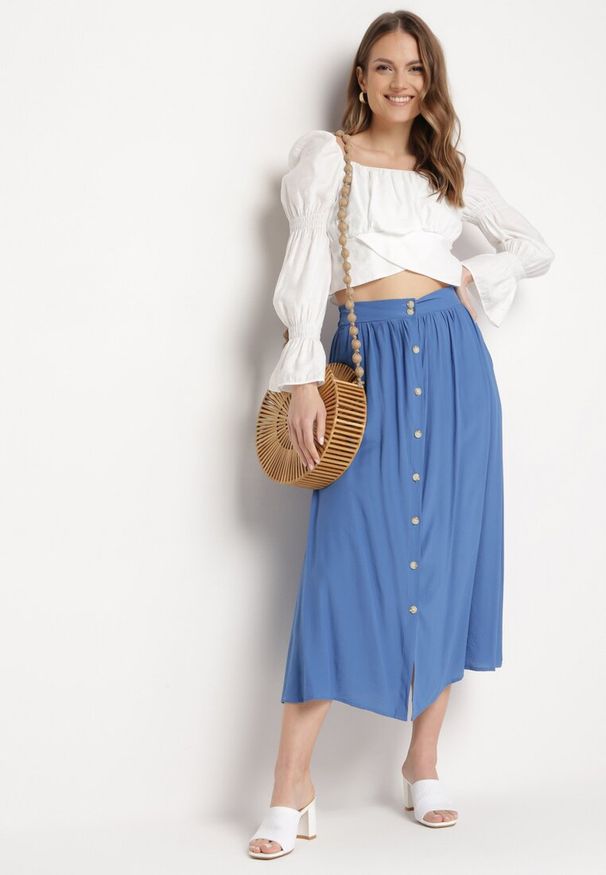 Born2be - Niebieska Spódnica Maxi z Guzikami i Gumką w Pasie Aurorsa. Okazja: na co dzień. Kolor: niebieski. Styl: klasyczny, casual, elegancki