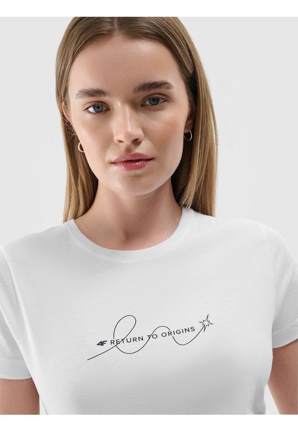 4f - 4F T-shirt slim z nadrukiem damski - biały M. Okazja: na co dzień. Kolor: biały. Materiał: dzianina, jersey, materiał. Wzór: nadruk. Styl: casual, klasyczny, sportowy