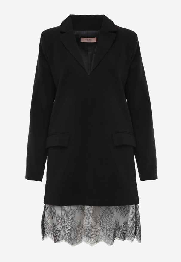 Renee - Czarna Sukienka-Marynarka VICES o Pudełkowym Kroju z Ozdobną Koronką Cheridine. Kolor: czarny. Materiał: koronka. Wzór: koronka. Styl: elegancki