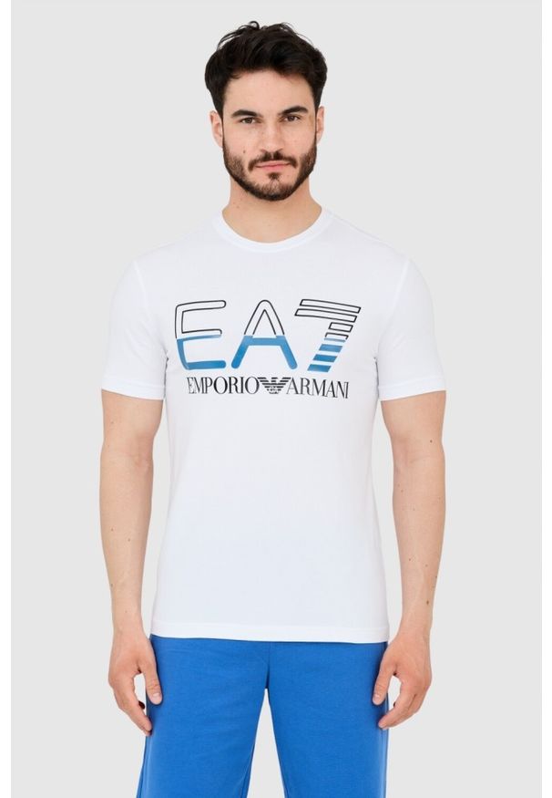 EA7 Emporio Armani - EA7 T-shirt męski biały z dużym czarnym logo. Kolor: biały