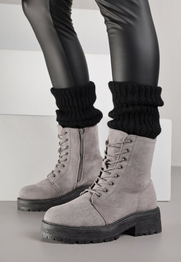 Born2be - Szare Botki na Grubej Podeszwie z Sznurowaniem Eterna. Okazja: na co dzień. Kolor: szary. Materiał: jeans. Styl: casual, elegancki, klasyczny