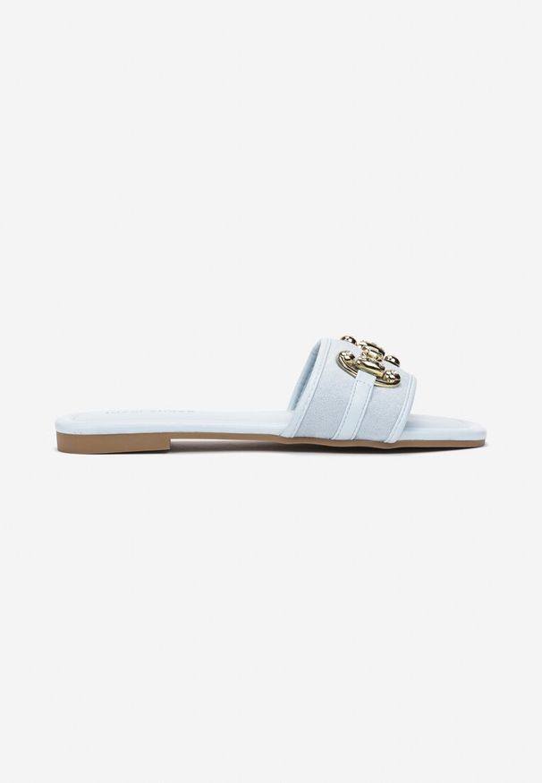 Born2be - Niebieskie Płaskie Klapki z Ozdobną Klamerką na Szerokim Pasku Mosani. Kolor: niebieski. Wzór: aplikacja. Styl: elegancki