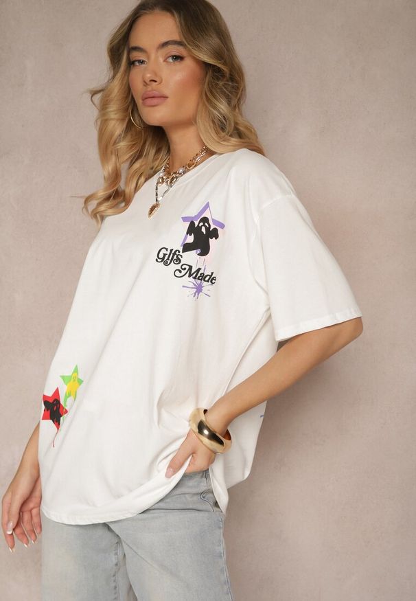 Renee - Biały T-shirt z Bawełną i Ozdobnym Nadrukiem Sovreti. Okazja: na co dzień. Kolor: biały. Materiał: bawełna. Wzór: nadruk. Styl: casual