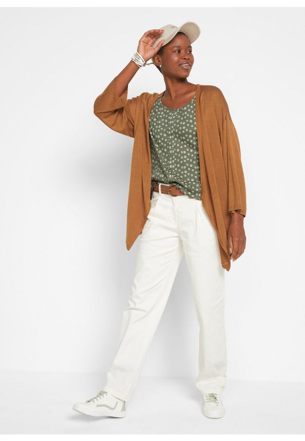 bonprix - Prążkowany T-shirt z kwiatowym nadrukiem, półdługie rękawy. Kolor: zielony. Materiał: prążkowany. Wzór: prążki, kwiaty, nadruk