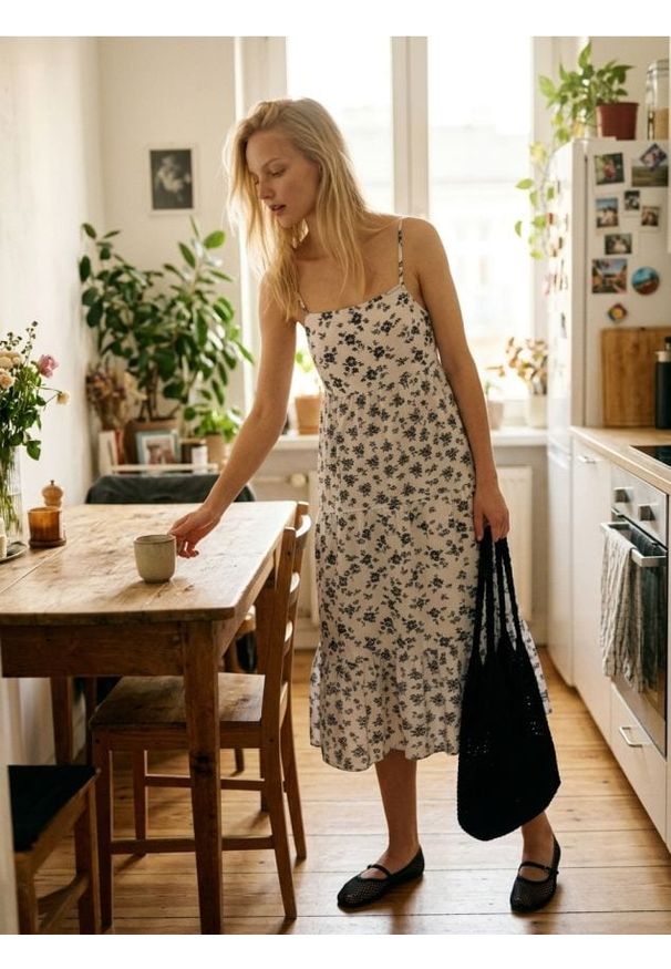 Sinsay - Bawełniana sukienka midi na ramiączkach w kwiatki - wielobarwny. Materiał: bawełna. Długość rękawa: na ramiączkach. Wzór: kwiaty. Długość: midi