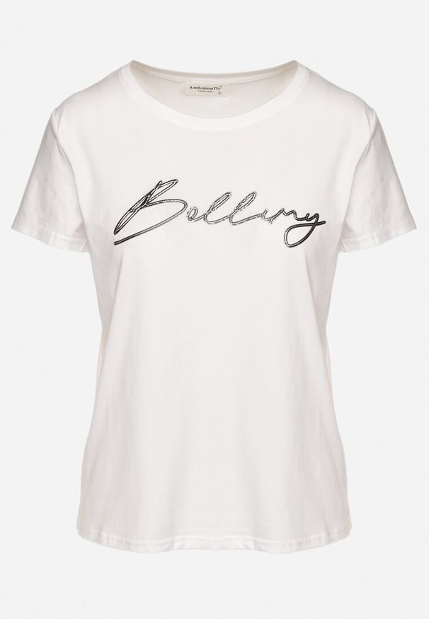 Born2be - Biały Bawełniany T-shirt z Ozdobnym Napisem Virretis. Okazja: na co dzień. Kolor: biały. Materiał: bawełna. Wzór: napisy. Styl: casual, klasyczny