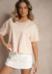 Renee - Beżowy T-shirt z Bawełny z Cyrkoniami Fadeola. Okazja: na co dzień. Kolor: beżowy. Materiał: bawełna. Styl: klasyczny, elegancki, casual