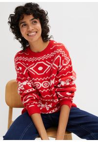 bonprix - Sweter z płytkim dekoltem, w norweski wzór. Kolor: czerwony #1