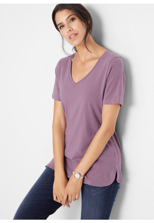 bonprix - T-shirt z bawełną organiczną. Typ kołnierza: dekolt w serek. Kolor: fioletowy. Materiał: bawełna
