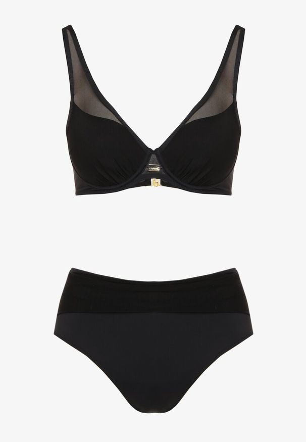 Renee - Czarne Bikini z Siateczkowymi Zdobieniami Biustonosz i Majtki Typu Figi Linelissa. Kolor: czarny. Wzór: aplikacja
