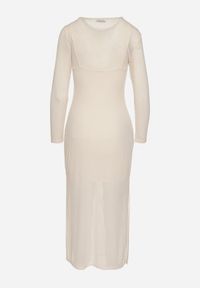 Born2be - Jasnobeżowa Sukienka Siateczkowa w Prążki z Wiskozą Niniria. Okazja: na co dzień. Kolor: beżowy. Materiał: wiskoza. Długość rękawa: na ramiączkach. Wzór: prążki. Typ sukienki: proste. Styl: casual, elegancki #6