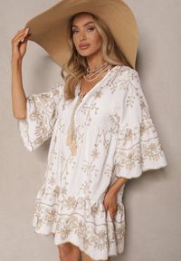 Renee - Biała Sukienka Oversize w Stylu Boho z Wiskozą Zdobiona Haftem Zenhiria. Okazja: na co dzień. Typ kołnierza: dekolt w kształcie V. Kolor: biały. Materiał: wiskoza. Wzór: haft, aplikacja. Typ sukienki: oversize. Styl: boho