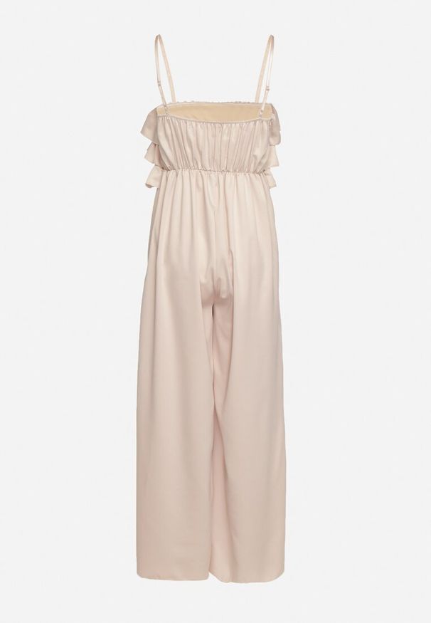 Born2be - Beżowy Kombinezon Koktajlowy na Regulowanych Ramiączkach z Falbankami i Gumką w Pasie Tesvia. Okazja: na co dzień. Kolor: beżowy. Długość rękawa: na ramiączkach. Styl: wizytowy