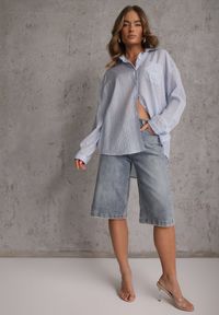 Renee - Niebieska Koszula Oversize z Tencelu w Paski z Haftowanym Wzorem Tidore. Okazja: na co dzień. Kolor: niebieski. Materiał: poliester, jeans, materiał. Wzór: haft, paski. Styl: casual, elegancki #2