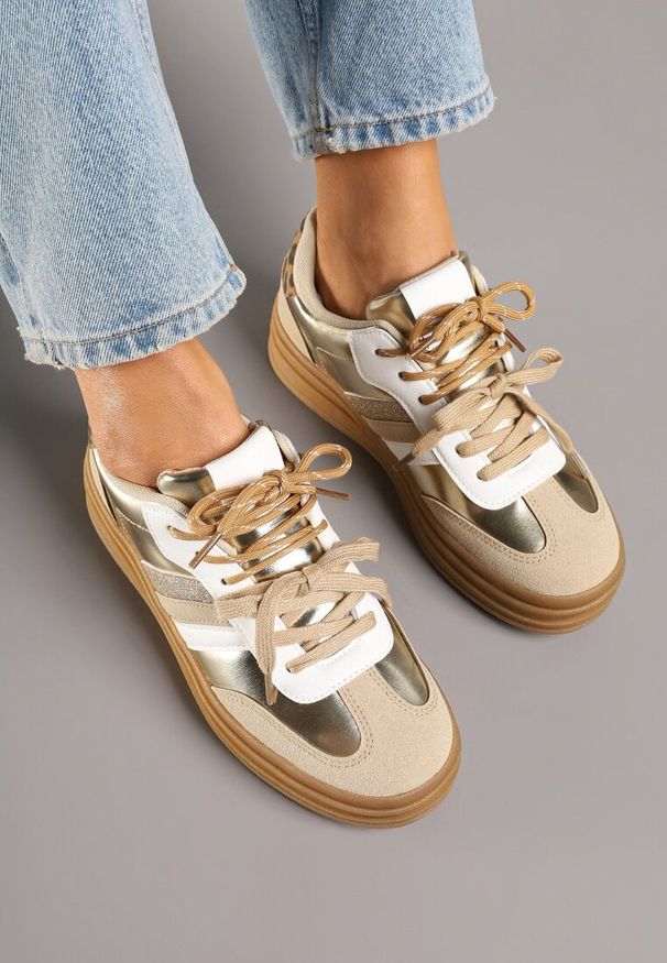 Born2be - Złote Sneakersy na Kauczukowej Podeszwie z Brokatem Telisetia. Okazja: na co dzień. Kolor: złoty. Materiał: kauczuk