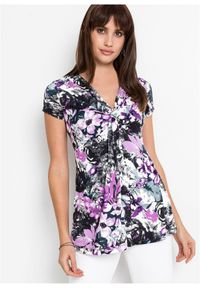 bonprix - T-shirt z mieszanki wiskozy. Typ kołnierza: dekolt w serek. Kolor: czarny. Materiał: wiskoza. Wzór: gładki, nadruk, aplikacja #1