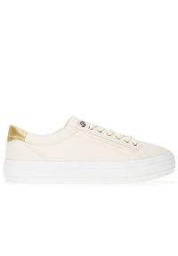 TOMMY HILFIGER - Buty damskie Tommy Hilfiger Essential Vulc Canvas FW0FW07682-AEF - beżowe. Okazja: na co dzień. Kolor: beżowy. Materiał: tkanina, poliester, bawełna, guma. Szerokość cholewki: normalna #1