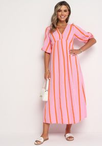 Born2be - Różowo-Pomarańczowa Taliowana Sukienka z Bawełny z Motywem Pasków Rivettes. Okazja: do pracy, na co dzień. Typ kołnierza: dekolt w kształcie V. Kolor: różowy. Materiał: bawełna. Wzór: aplikacja. Typ sukienki: proste. Styl: klasyczny, casual, elegancki #5