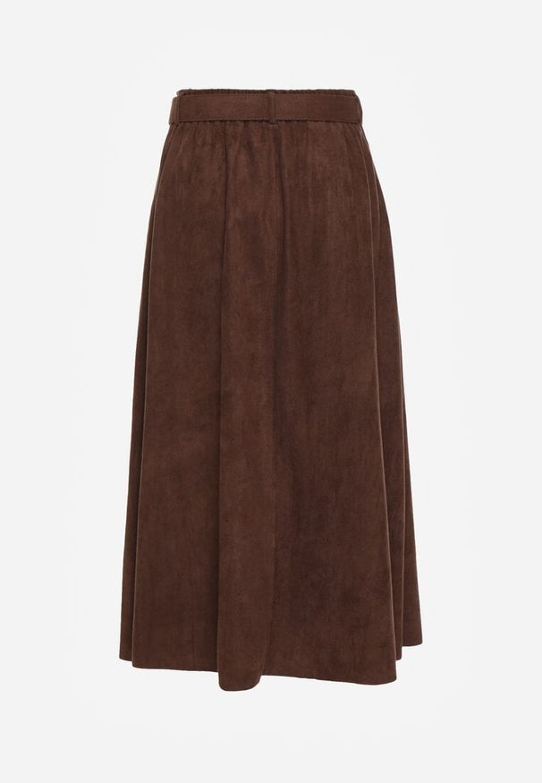 Born2be - Brązowa Rozkloszowana Wiskozowa Spódnica z Bawełną Ozdobiona Paskiem Nawedea. Okazja: na co dzień. Kolor: brązowy. Materiał: wiskoza, bawełna. Wzór: aplikacja. Styl: casual, elegancki, klasyczny