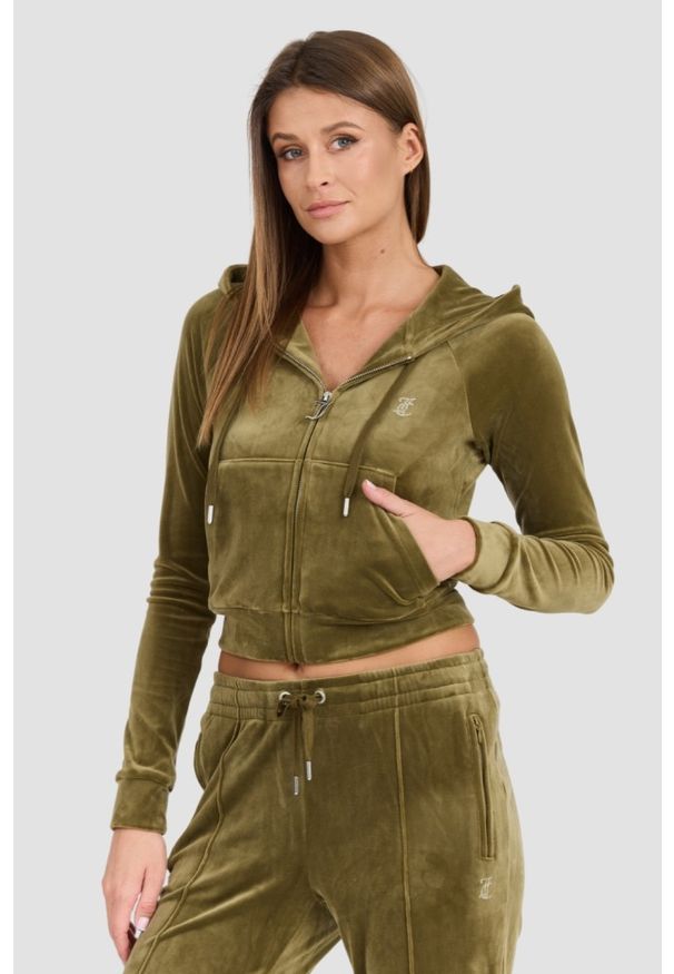 Juicy Couture - JUICY COUTURE Damska zielona bluza Madison Hoodie, Rozmiar S. Okazja: na co dzień. Kolor: zielony. Materiał: elastan, poliester, materiał. Styl: sportowy, casual, elegancki