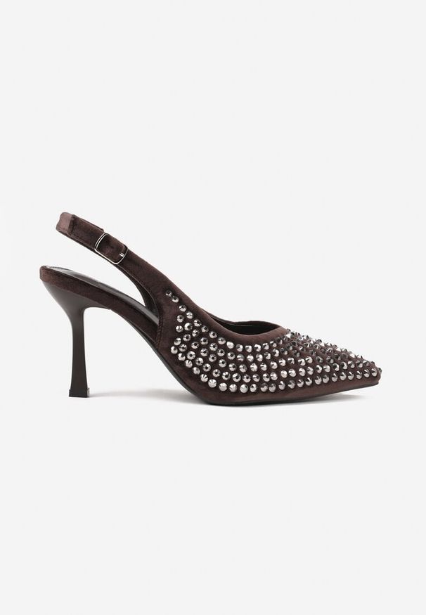 Renee - Brązowe Szpilki Slingback Ozdobione Cyrkoniami Benikke. Zapięcie: sprzączka. Kolor: brązowy. Wzór: aplikacja. Obcas: na szpilce. Styl: elegancki, klasyczny