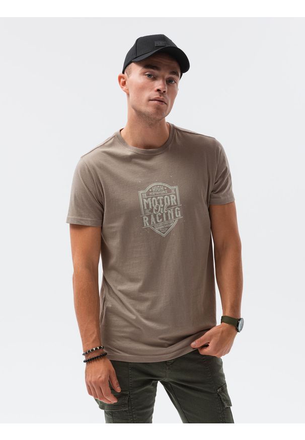 Ombre Clothing - T-shirt męski z nadrukiem - brązowy V-25C - Rozmiar: S. Kolor: brązowy. Materiał: bawełna. Wzór: nadruk. Styl: klasyczny