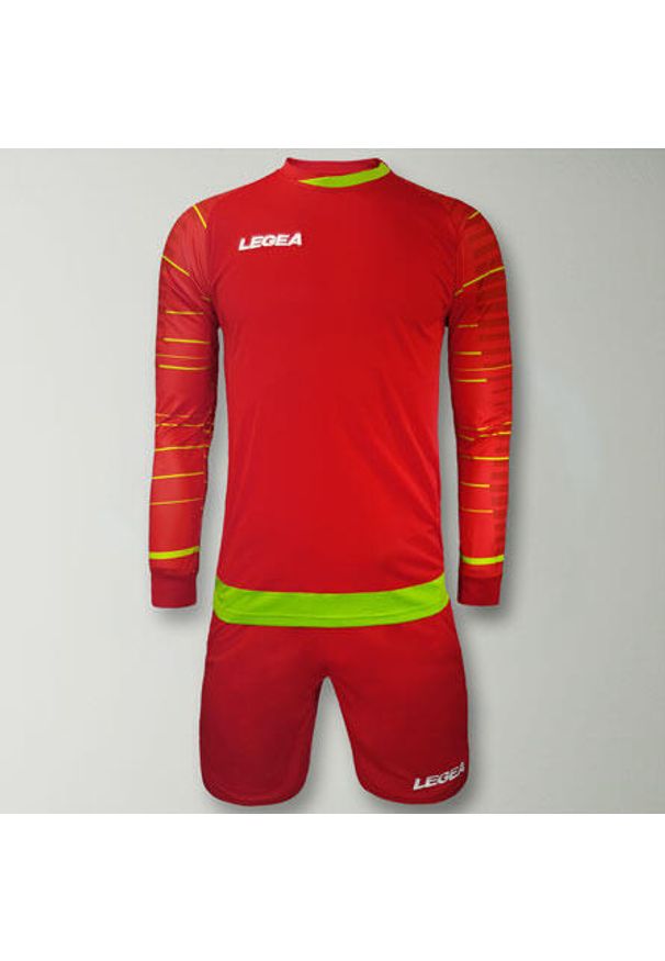 LEGEA - Komplet bramkarski REIMS czerwono-zielony fluo junior. Kolor: czerwony, wielokolorowy, zielony. Wzór: haft. Sport: piłka nożna