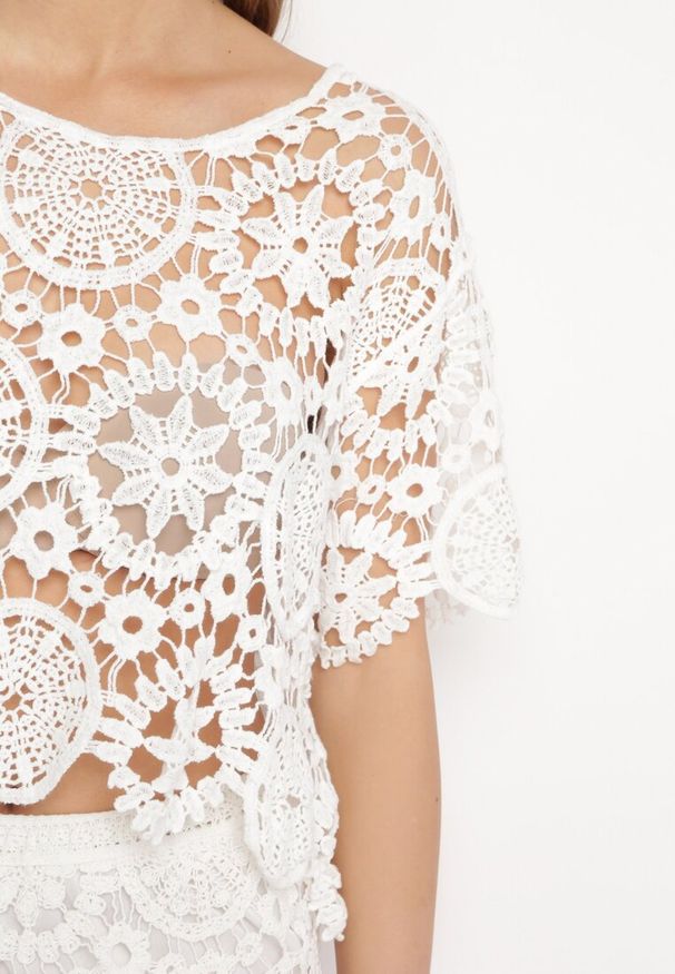 Born2be - Biały Bawełniany Komplet Ażurowy z Bluzką i Spódnicą Maxi Zanetha. Kolor: biały. Materiał: bawełna. Wzór: ażurowy